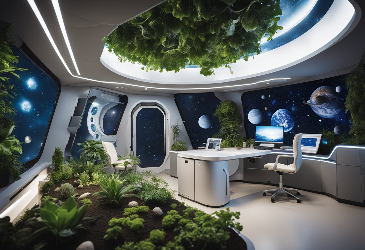 A space habitat with floating objects and plants, showcasing zero gravity living solutions by Zero Gravity Solutions Inc