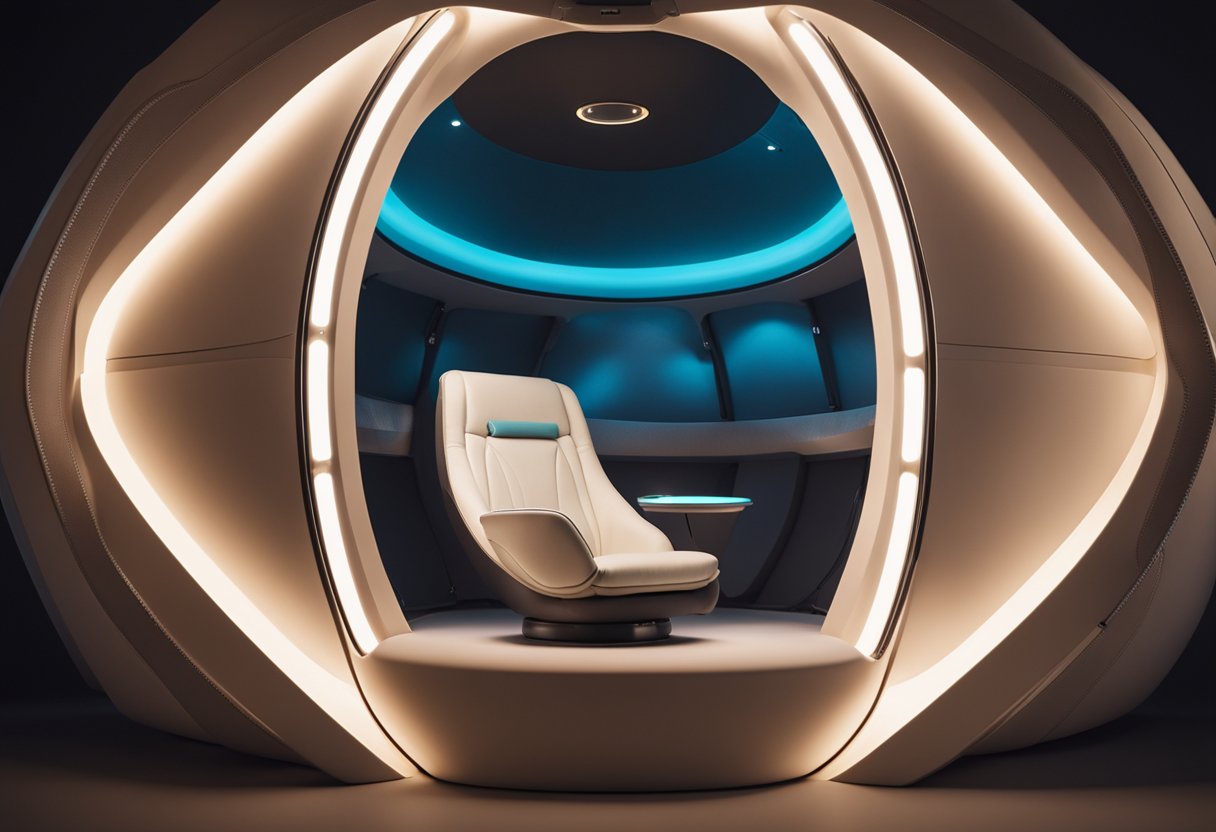 A cozy space capsule with soft, cushioned seating, adjustable lighting, and ergonomic design for maximum comfort