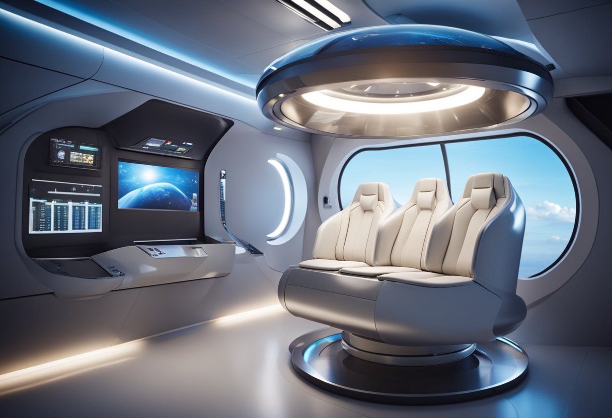 A sleek space capsule with ergonomic seating and adjustable lighting for comfort. Advanced technology controls temperature and air quality