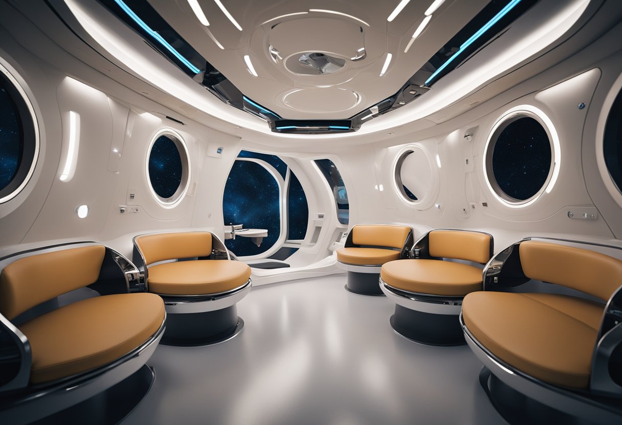 A sleek space capsule interior with ergonomic seating, adjustable lighting, and zero-gravity footrests for improved comfort during long space travels