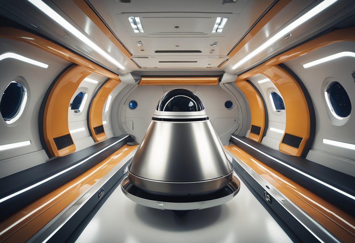 A sleek space capsule floats in zero gravity, with improved comfort features visible inside
