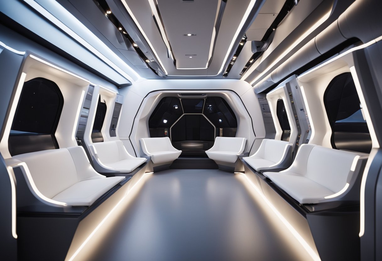 The space capsule interior is redesigned for comfort with ergonomic seating and adjustable lighting. Storage compartments are neatly organized for easy access