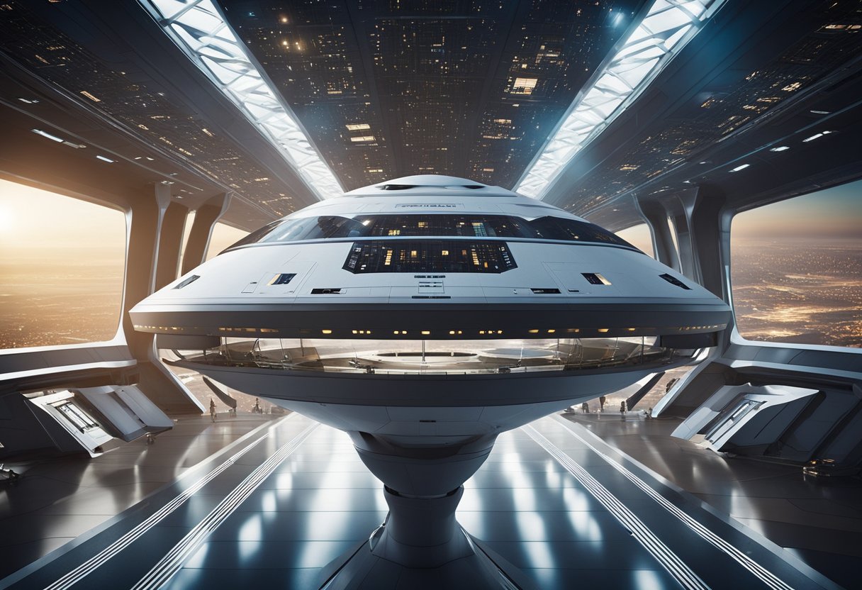 A sleek spacecraft hovers above a futuristic spaceport, surrounded by cutting-edge technology and advanced infrastructure. The scene exudes a sense of excitement and adventure, setting the stage for an enhanced space tourism experience