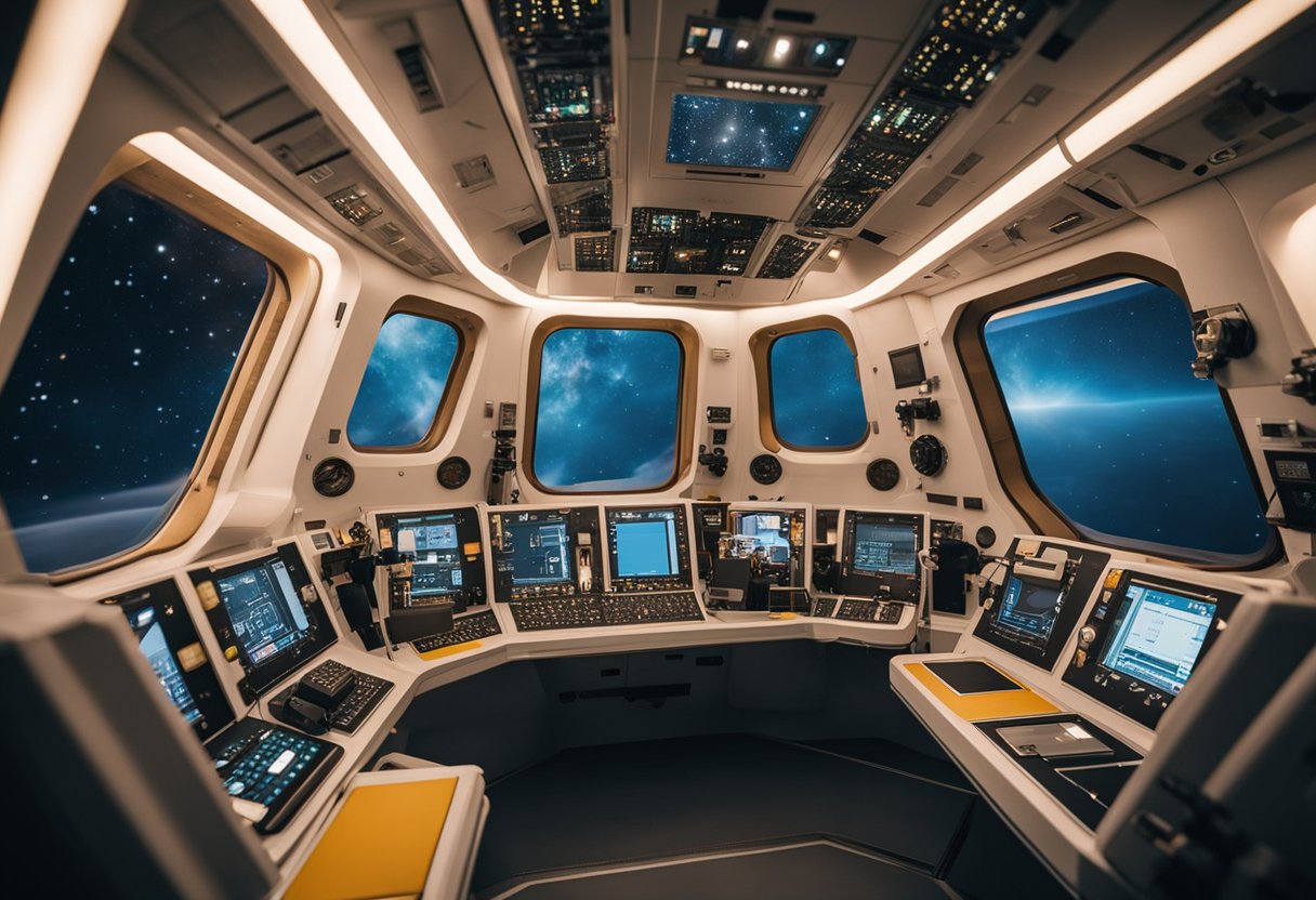 The environmental controls in the space capsule hum softly, maintaining a perfect temperature and air quality. Soft lighting and ergonomic seating provide a comfortable and inviting atmosphere for the astronauts