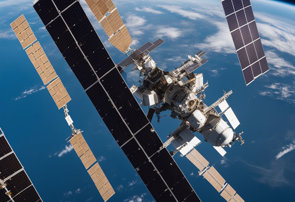 The International Space Station modules float in orbit, connected by trusses and solar panels, with Earth in the background