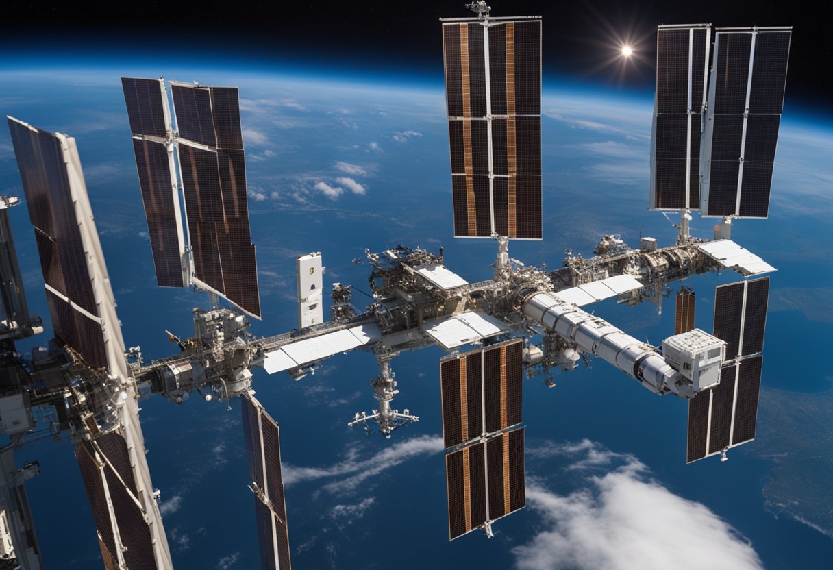 The International Space Station modules are interconnected, with solar panels extending outwards. Various scientific and research facilities are visible within the modules