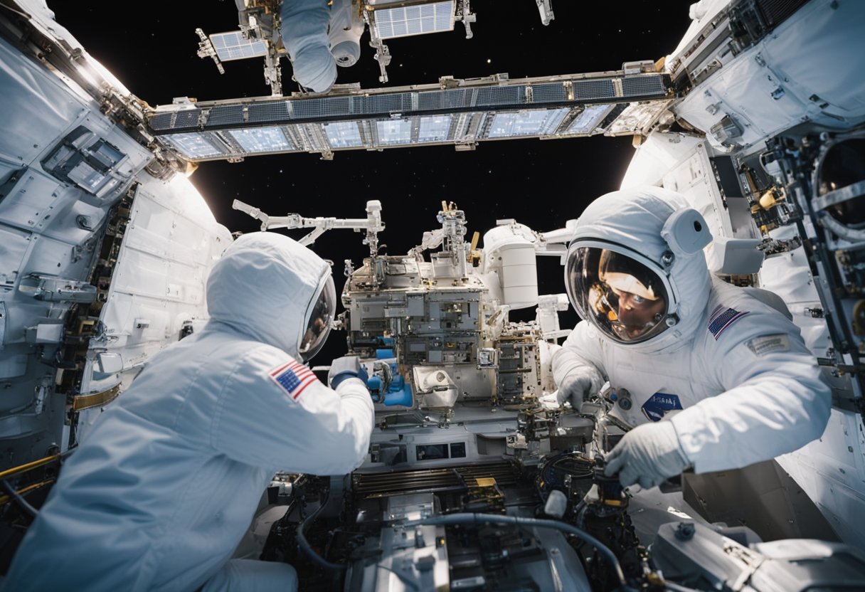 Technicians perform routine maintenance on International Space Station modules