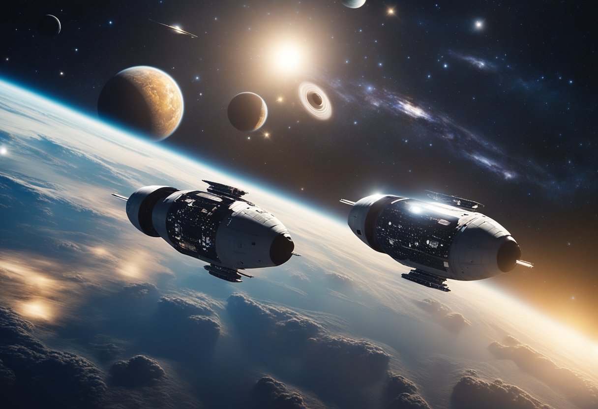 Sleek spacecrafts soar through the starry expanse, glinting in the distant sunlight. A backdrop of swirling galaxies adds to the sense of vastness and adventure