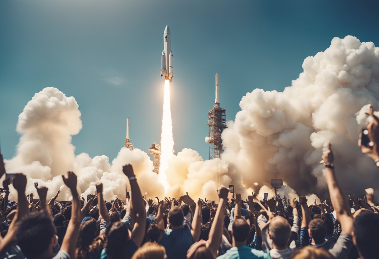 A rocket launching into space with a crowd of people cheering and holding up signs for successful space exploration crowdfunding campaigns and milestone projects