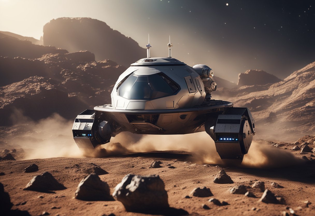 A sleek, metallic deep space vehicle hovers above a barren, rocky planet, its thrusters firing as it navigates through the treacherous asteroid field