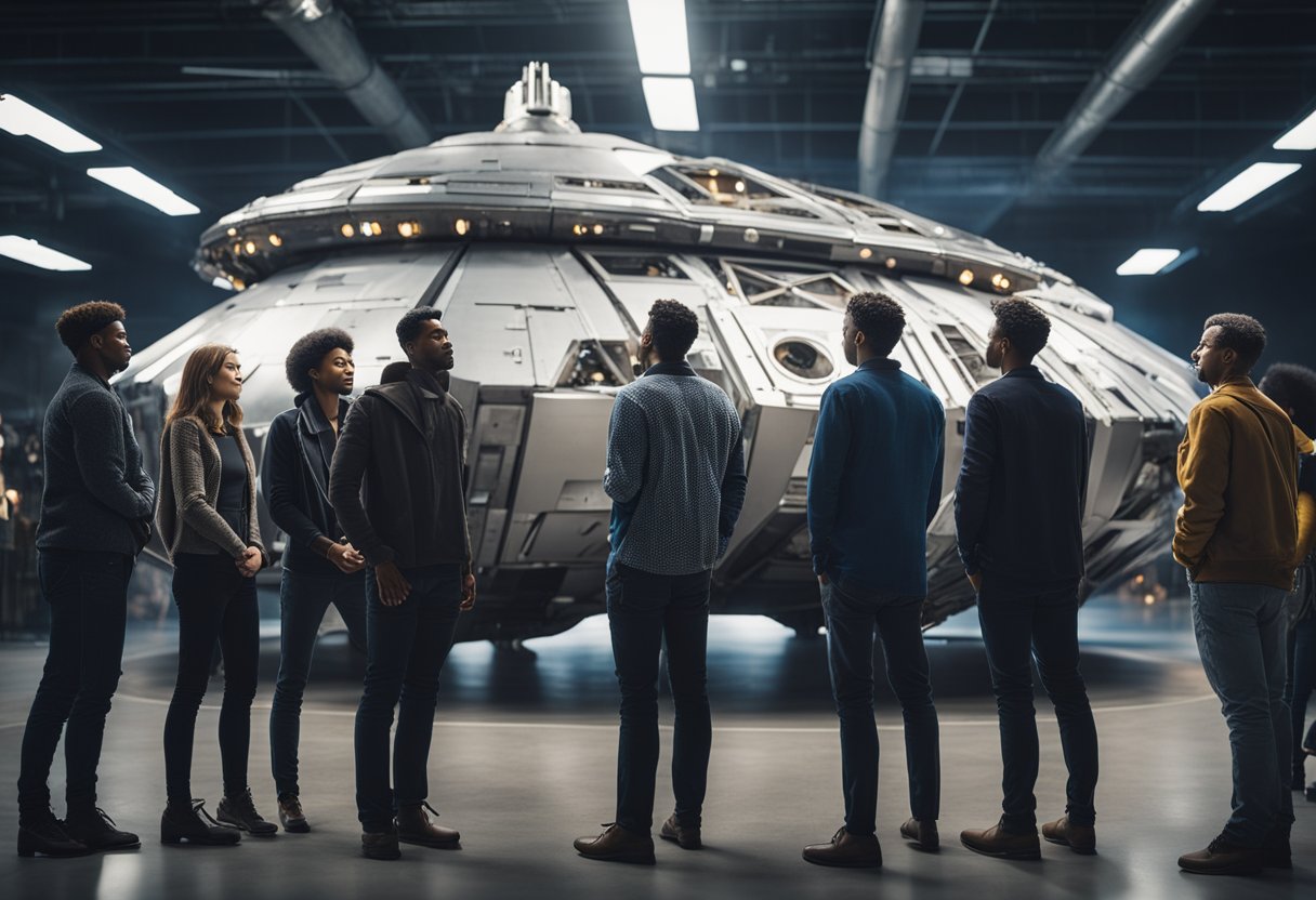 A diverse group of people gather around a towering deep space vehicle, marveling at its technological prowess and pondering its impact on their culture and society