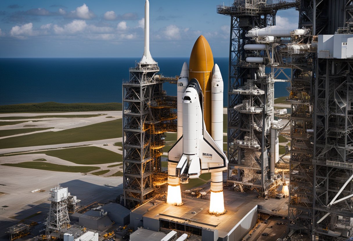 The space shuttle fleet sits on the launch pad, with technical aspects and equipment visible. The legacy of the space shuttle program is evident in the design and technology of the spacecraft