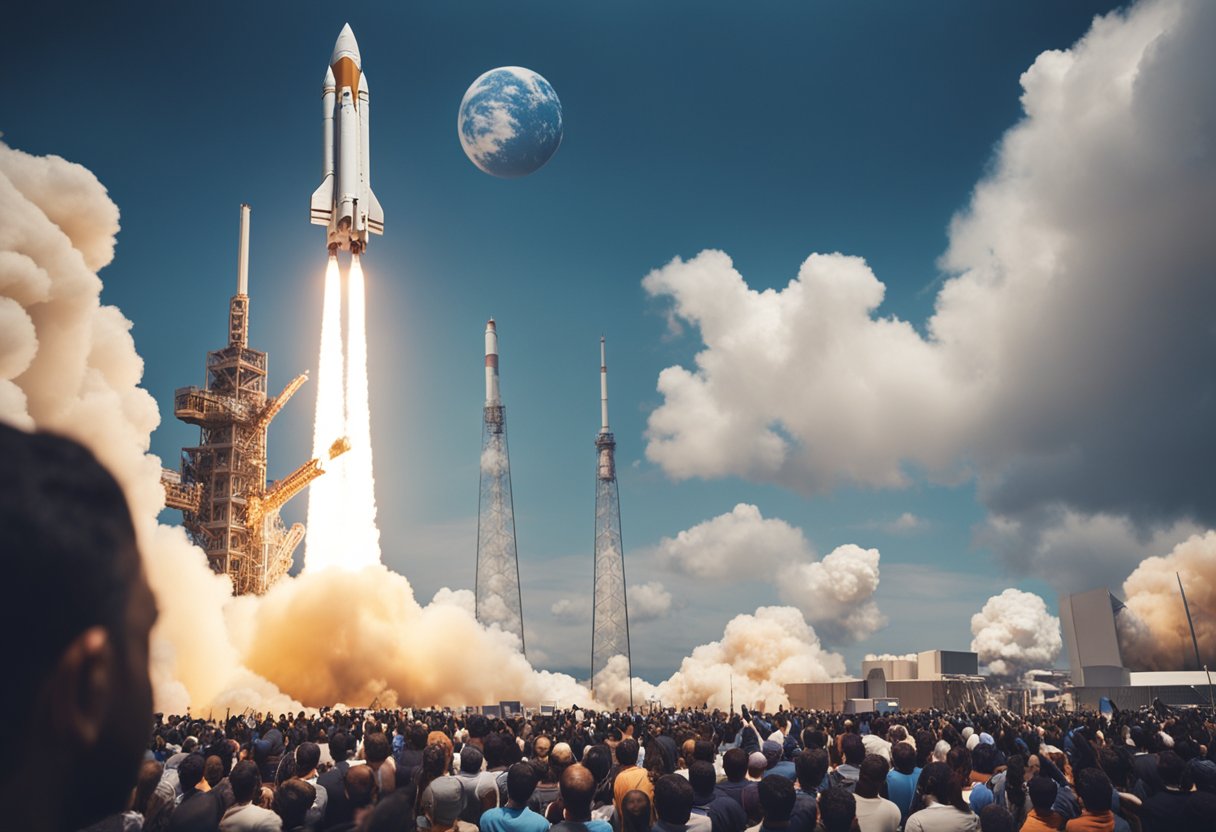 A rocket launching into space, surrounded by a crowd of people eagerly donating funds for space exploration. Technical equipment and futuristic technology visible in the background