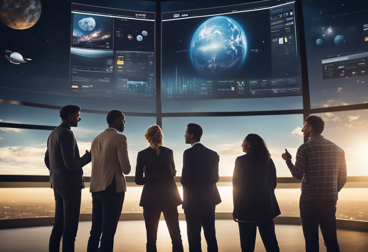 A diverse group of people gather around a digital screen, engaging in lively discussions and sharing ideas. A rocket launches in the background, symbolizing the community's support for space exploration crowdfunding