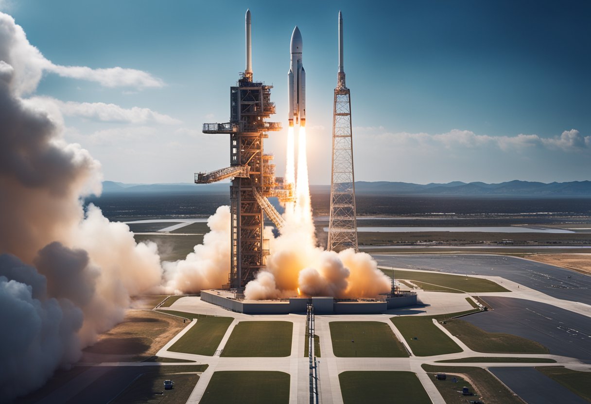 A sleek rocket launches from a modern spaceport, surrounded by advanced propulsion technologies and bustling agency activity