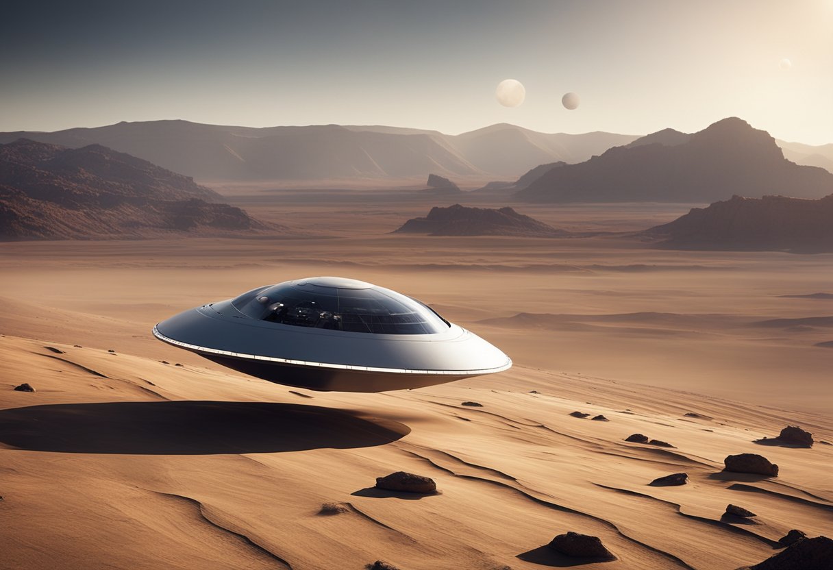 A sleek, futuristic spacecraft hovers above a barren, rocky planetary surface, with the vast expanse of space stretching out behind it. The spacecraft is adorned with advanced technology and sleek, aerodynamic lines, hinting at the potential for human missions beyond