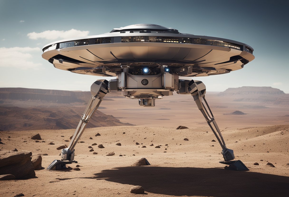 A sleek, metallic spacecraft hovers above a barren, rocky landscape, its robotic arms and sensors extended as it prepares to explore the unknown