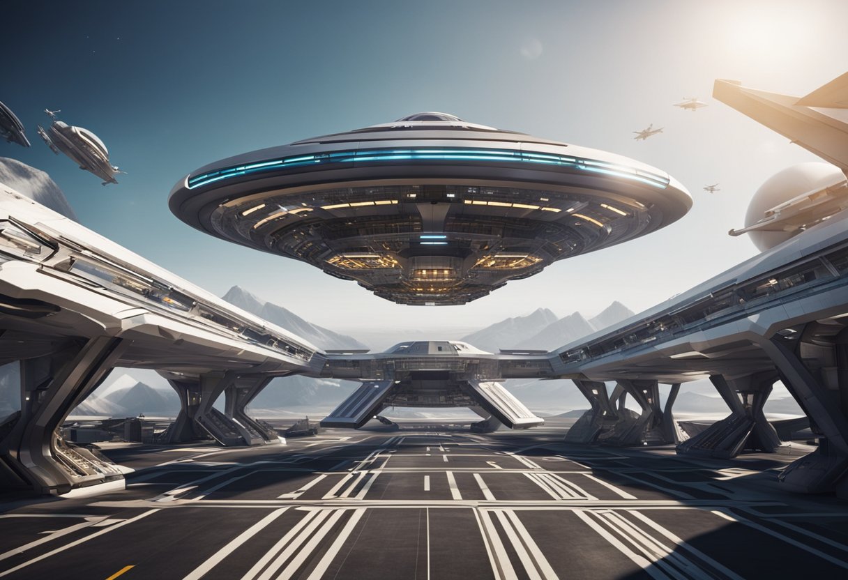 A futuristic spacecraft hovers above a bustling spaceport, surrounded by sleek, innovative designs. The spacecraft's sleek lines and advanced technology hint at its cutting-edge capabilities
