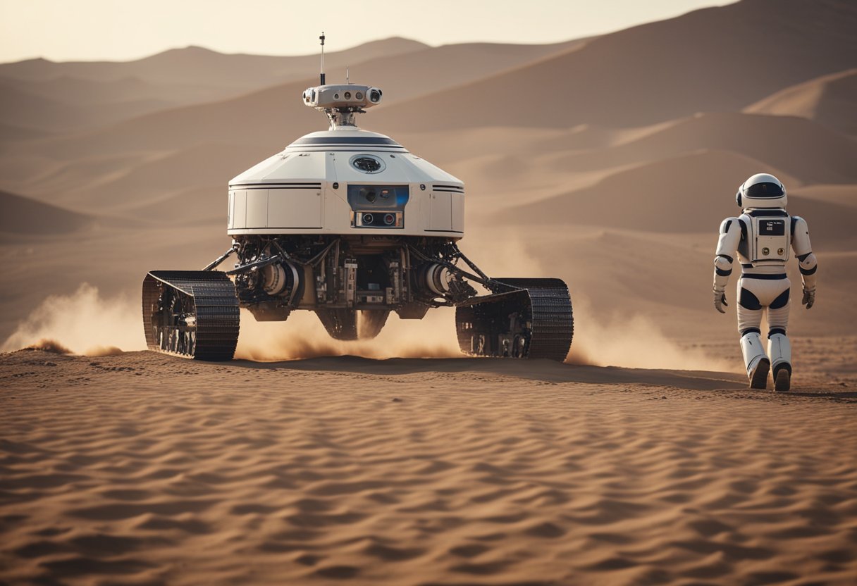 Robotic explorers land on alien terrain, leaving tracks in the dusty surface. A towering spacecraft hovers in the background, symbolizing groundbreaking historical space missions