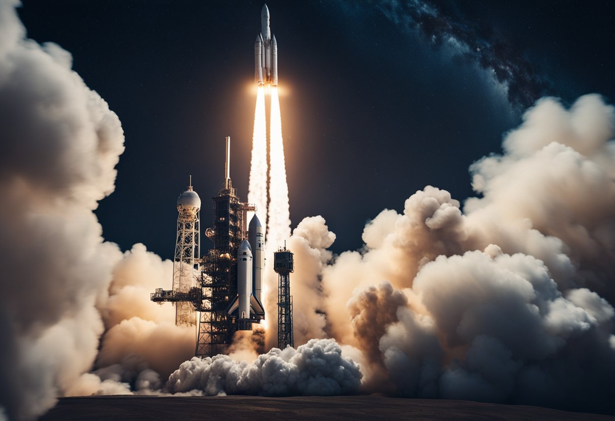 A rocket launches from Earth, leaving a trail of fire and smoke as it ascends into the starry expanse of space, symbolizing the future of space exploration and historical space missions