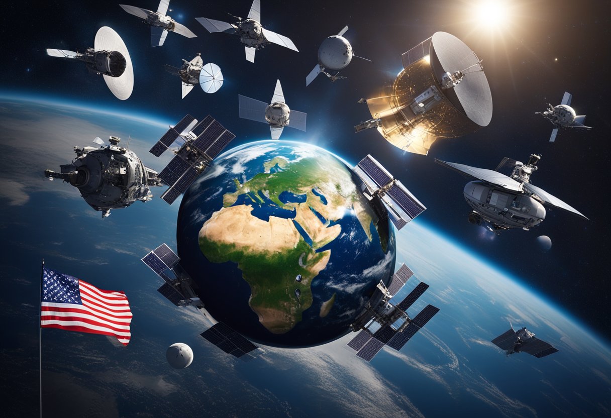 Multiple spacecraft from different countries orbiting Earth, with flags and logos visible. A sense of collaboration and unity in the vastness of space