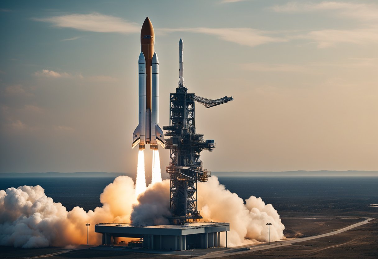 A rocket launches from Earth, navigating through space with innovative technology. Challenges and limitations are evident as the spacecraft pushes the boundaries of space tourism