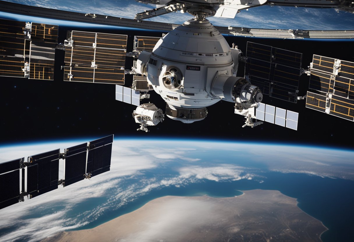 Innovations in Space Tourism - Spacecraft docking at a space station with Earth in the background