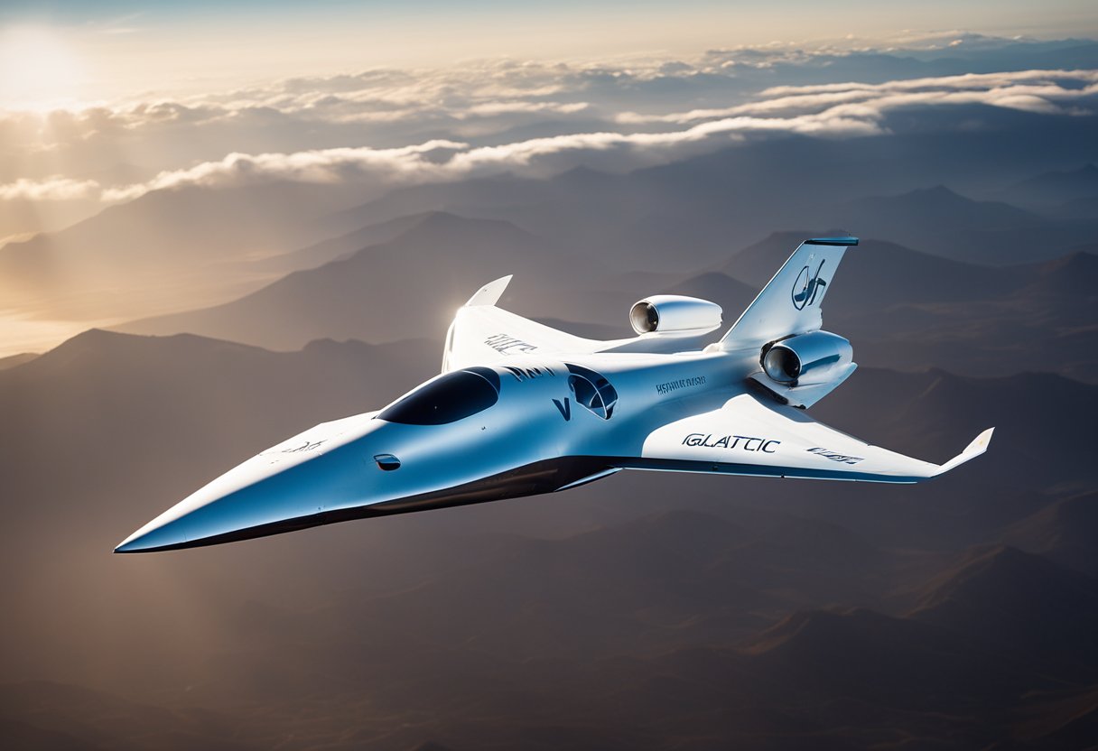 The sleek Virgin Galactic spaceplane soars through the atmosphere, with its company logo prominently displayed and its futuristic design exuding a sense of innovation and adventure