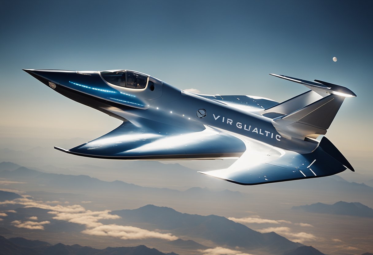 Virgin Galactic's spaceplane soars through the atmosphere, showcasing sleek design and advanced technology. The exterior is adorned with cutting-edge features, including powerful engines and aerodynamic wings
