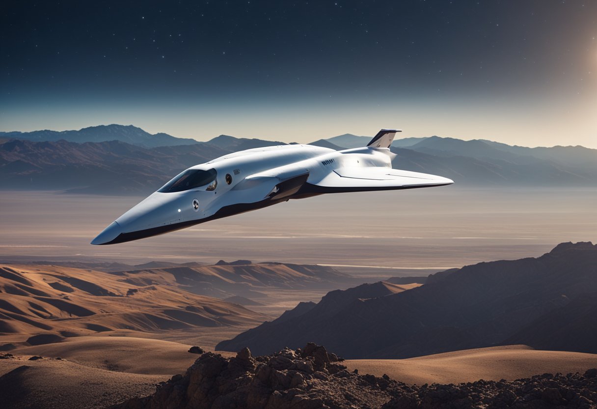 A sleek Virgin Galactic spaceplane soars above a rugged, otherworldly landscape, with distant mountains and a vast, starry sky in the background