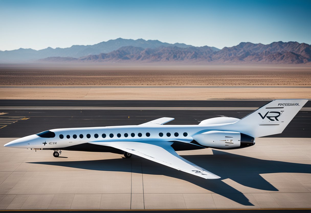 The Virgin Galactic spaceplane stands ready on the sleek, modern spaceport runway, with futuristic facilities and high-tech equipment surrounding it