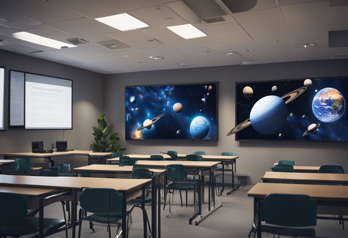 A classroom setting with VR headsets, space-themed posters, and interactive models of planets and stars