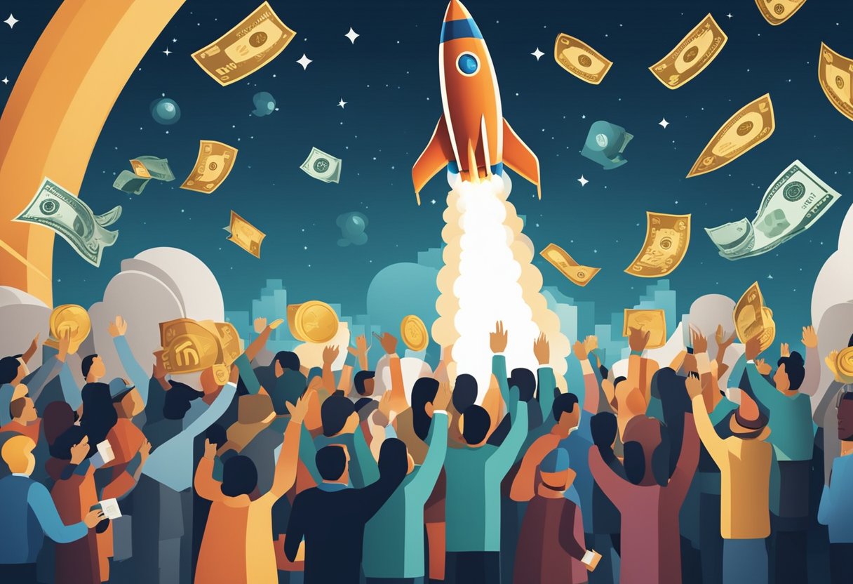 A rocket launching into space, surrounded by a crowd of people contributing money. The rocket is adorned with logos of various crowdfunding platforms