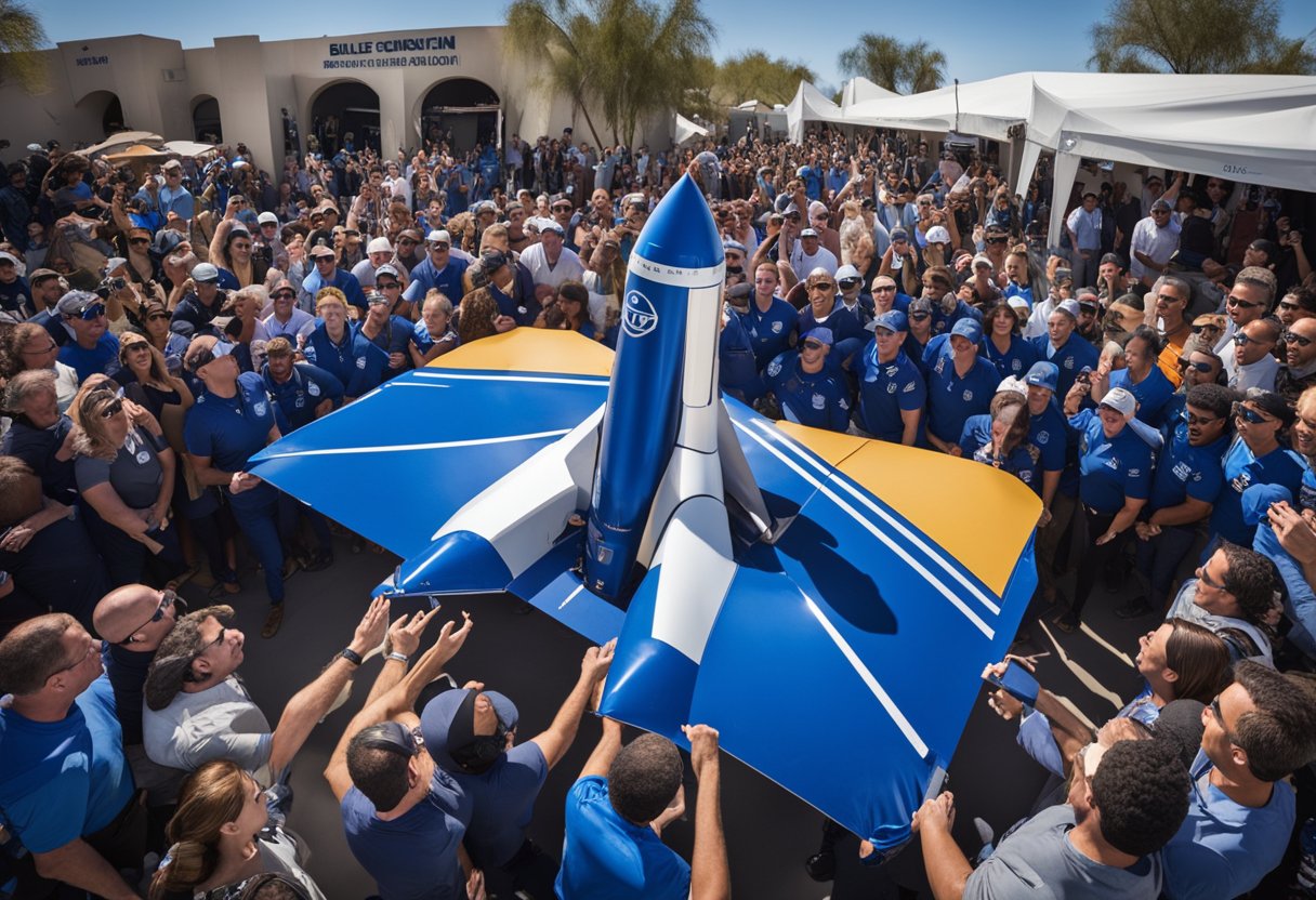 Blue Origin's New Shepard rocket soars into the sky, surrounded by a crowd of excited onlookers. A banner with "Public Outreach and Education" is prominently displayed
