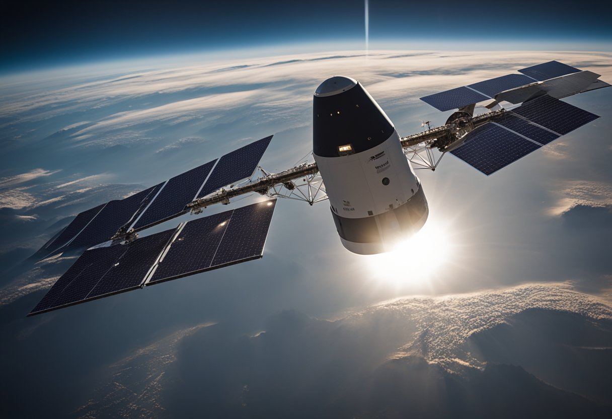 The SpaceX Dragon spacecraft hovers above Earth, with the curvature of the planet visible below. The solar panels glisten in the sunlight as it navigates through the vastness of space