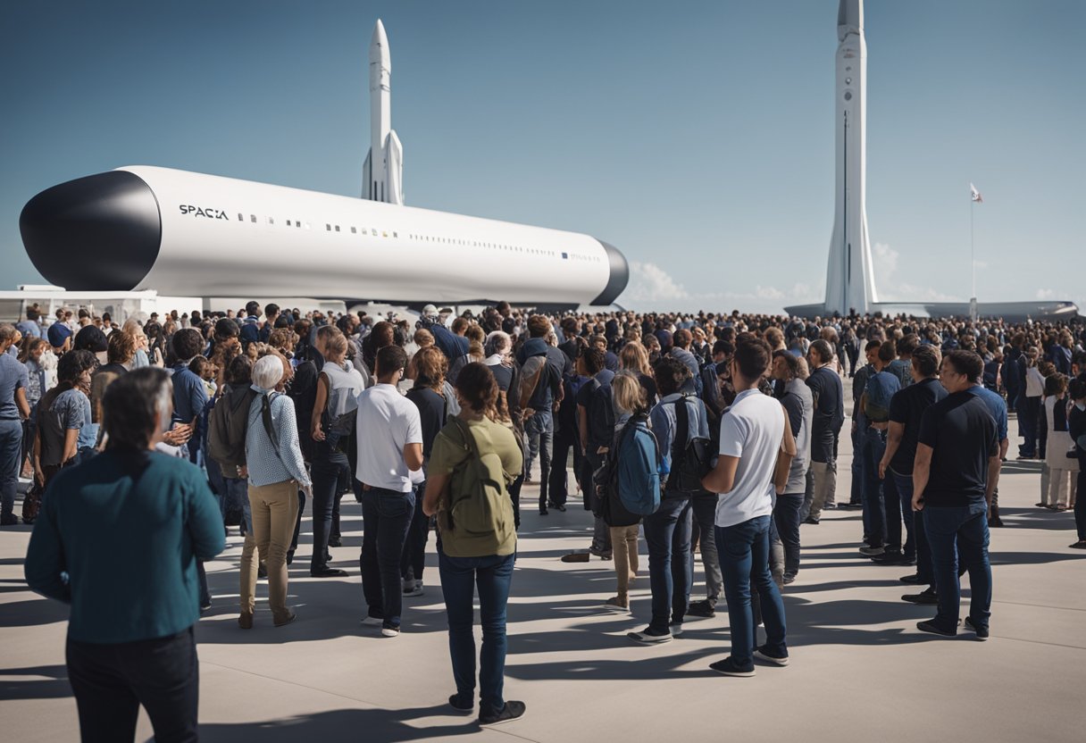 A line of people outside a futuristic spaceport, waiting to book and reserve tours on the SpaceX Dragon spacecraft. The rocket stands tall in the background, ready for its next adventure