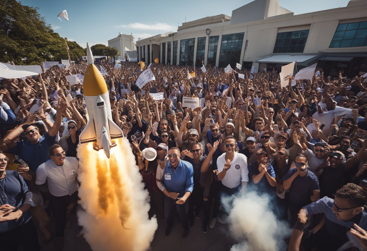 A rocket launches into space, surrounded by a crowd of eager supporters. A banner reads "Space Exploration Crowdfunding" as people cheer and donate