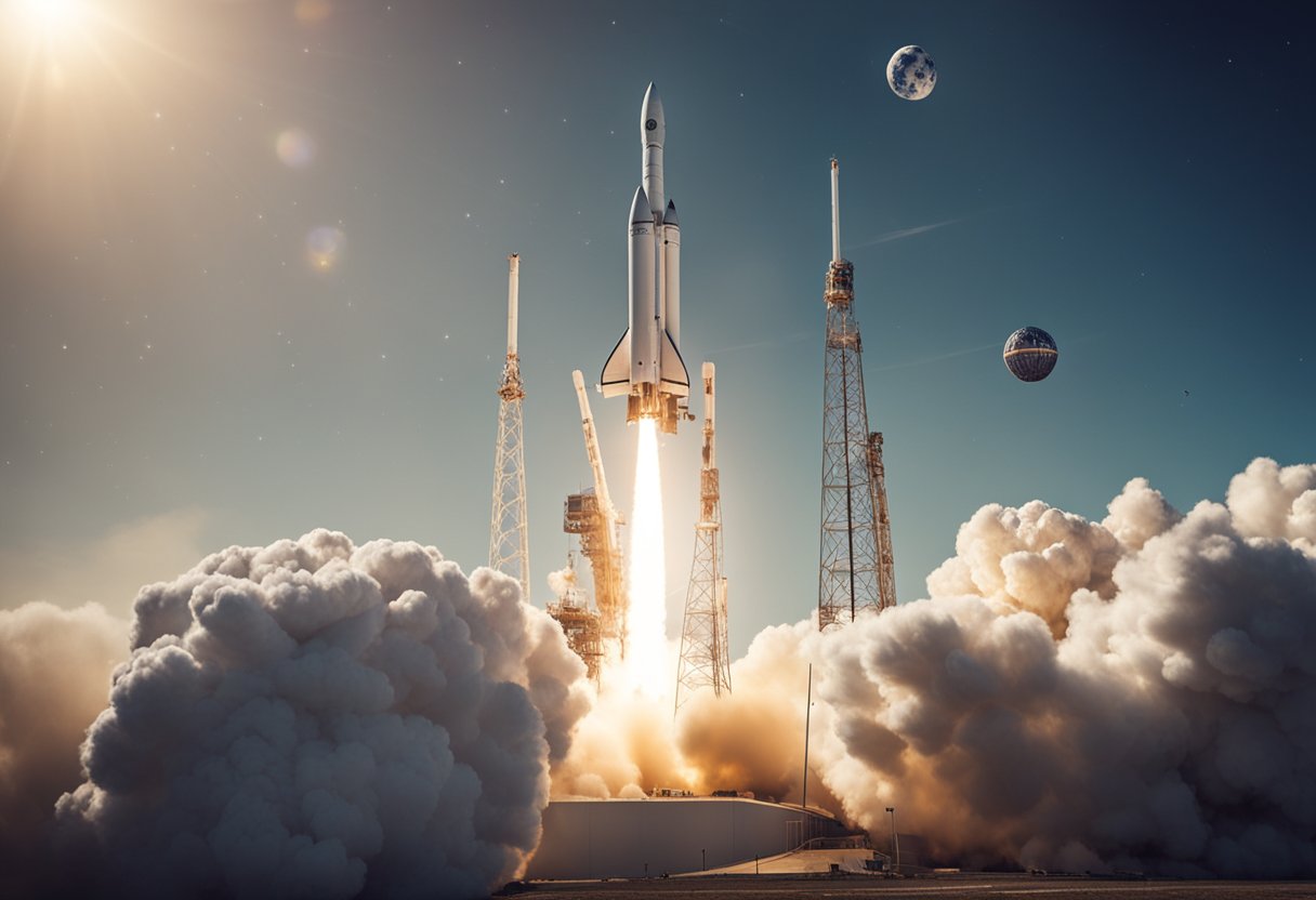 A rocket launches into space, surrounded by advanced satellites and spacecraft, showcasing the latest innovations in space technology