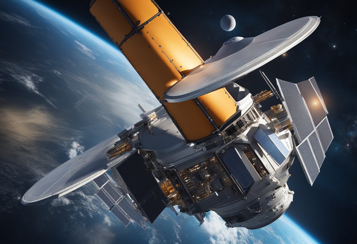 A sleek spacecraft design features advanced materials, solar panels, and innovative propulsion systems, highlighting the latest innovations in space technology