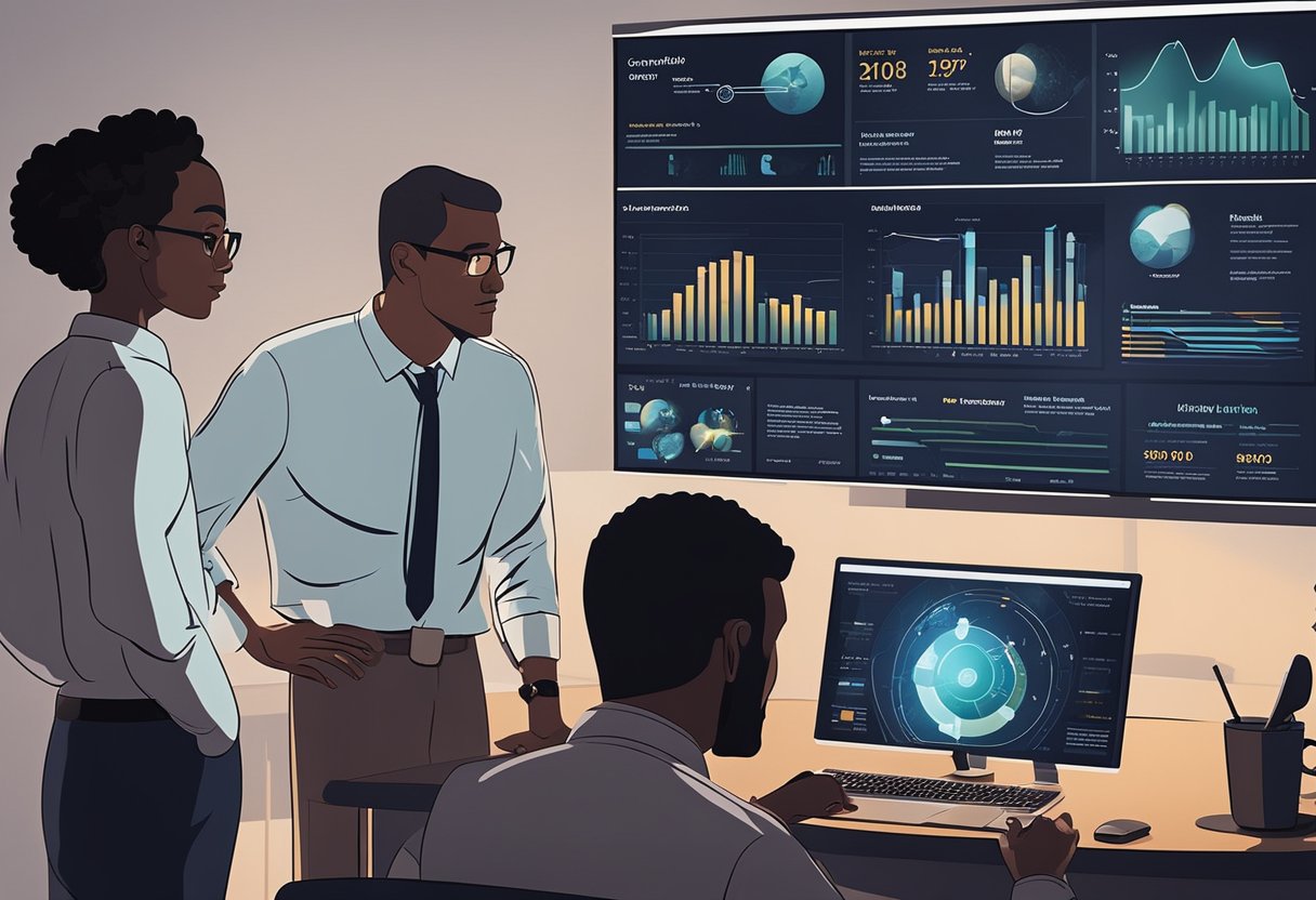 A diverse group of people gather around a computer, discussing legal and ethical considerations for space exploration crowdfunding. Charts and graphs are displayed on the screen