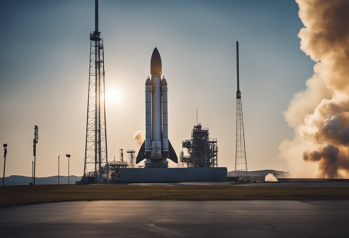 Space Launch Systems - A rocket stands on the launch pad, billowing smoke as it prepares for liftoff. The surrounding area is filled with anticipation and excitement as the countdown begins