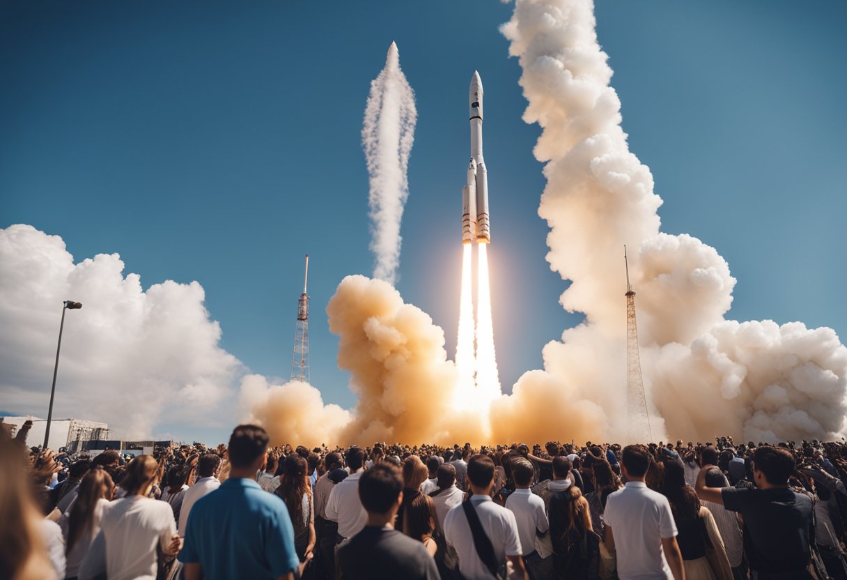 A rocket launches into space, surrounded by a crowd of onlookers and a clear blue sky