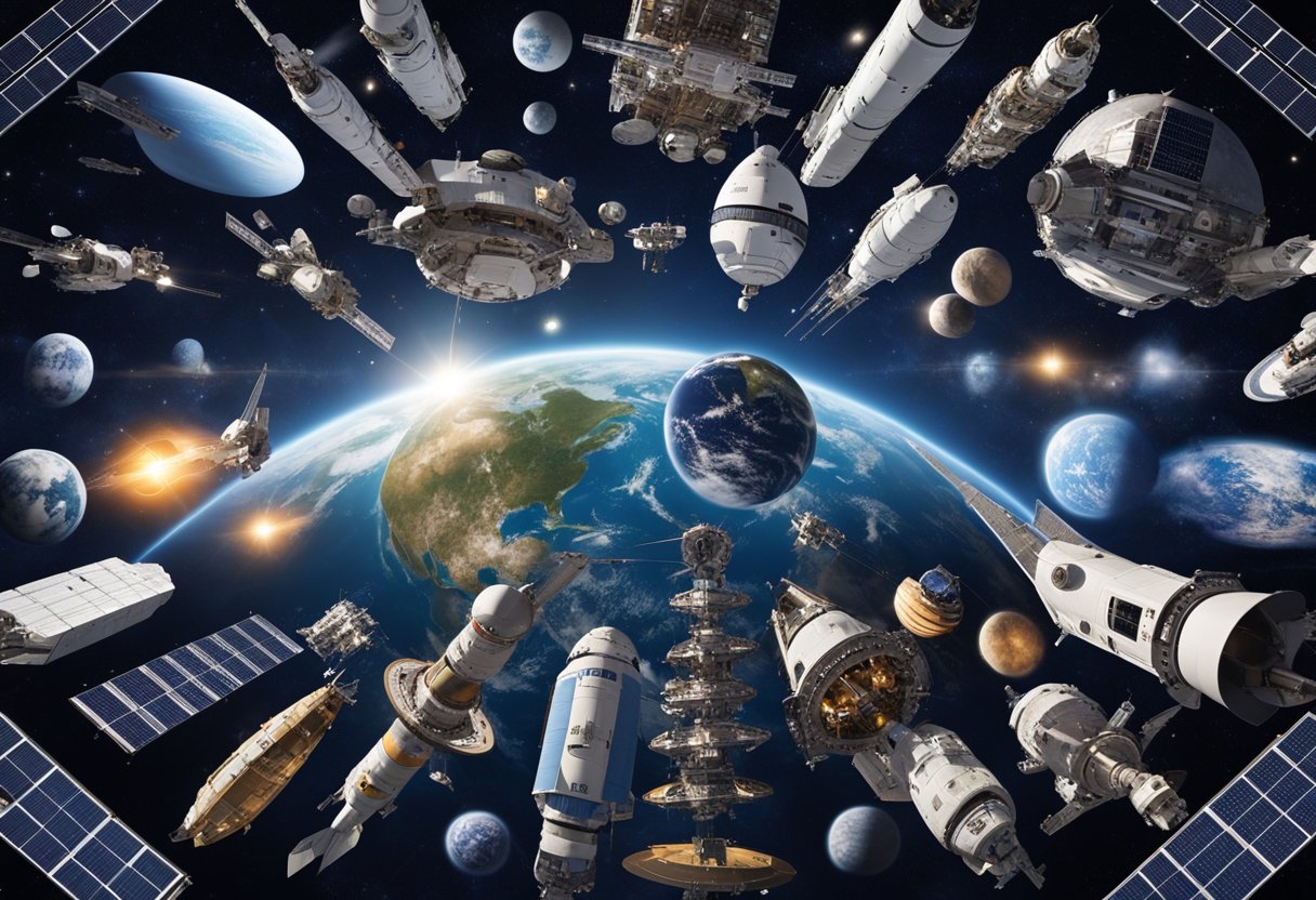 Multiple commercial spacecraft from various companies orbiting Earth, with distinct logos and designs visible