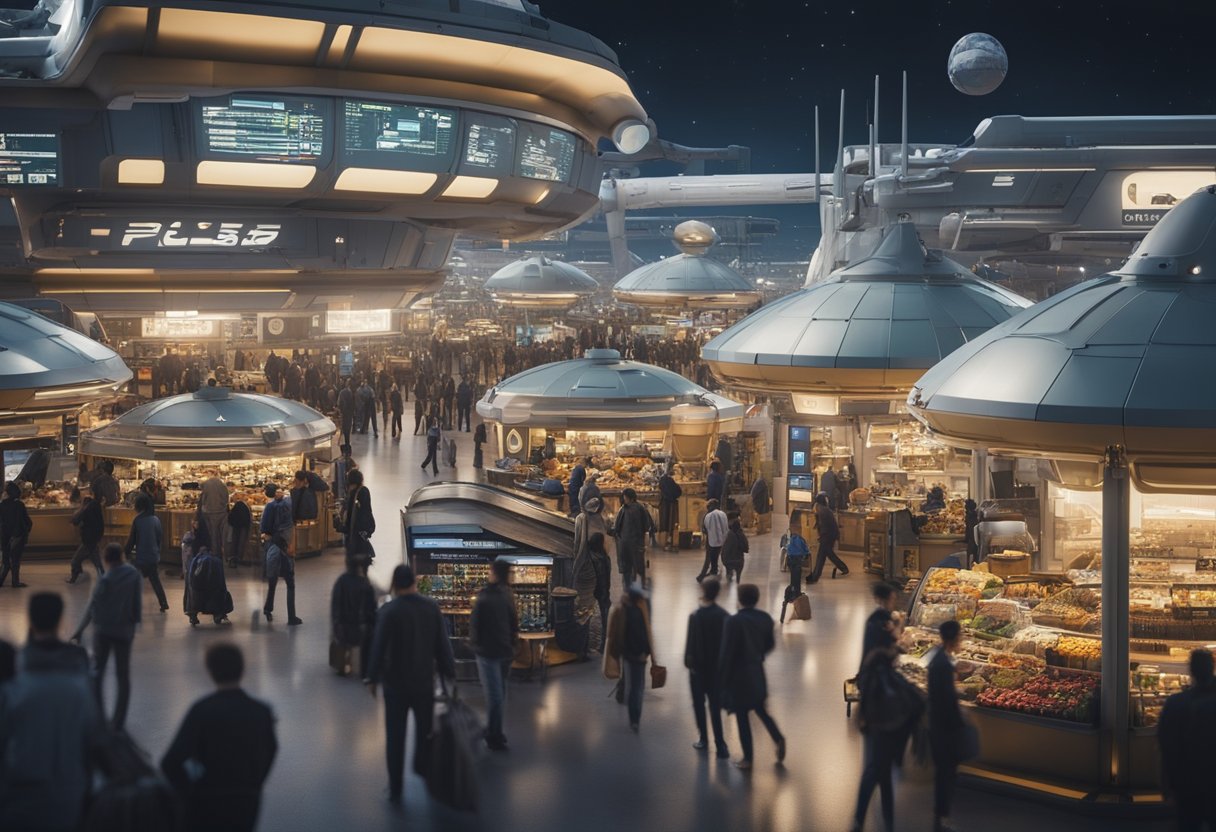 A bustling spaceport with commercial spacecraft loading goods and passengers, surrounded by bustling market stalls and bustling activity