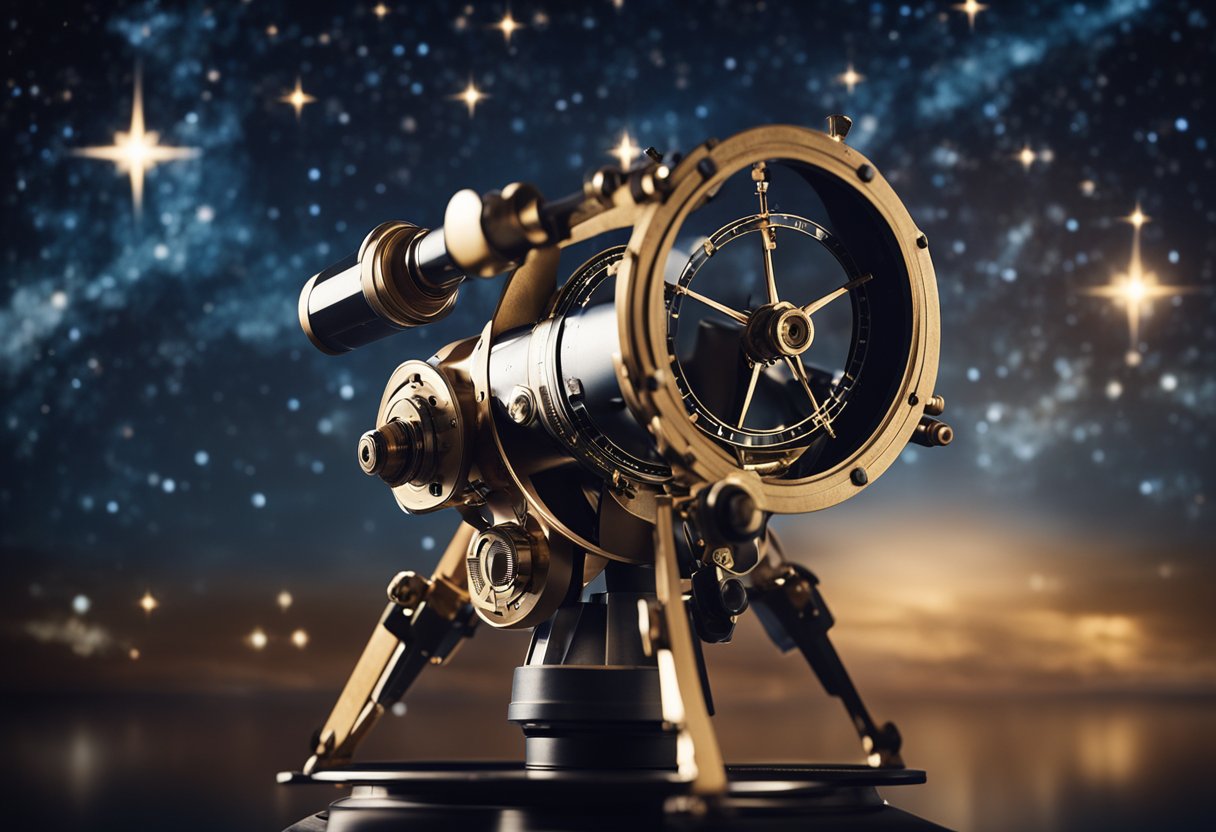 A sextant and a night sky filled with stars, with a spacecraft in the background
