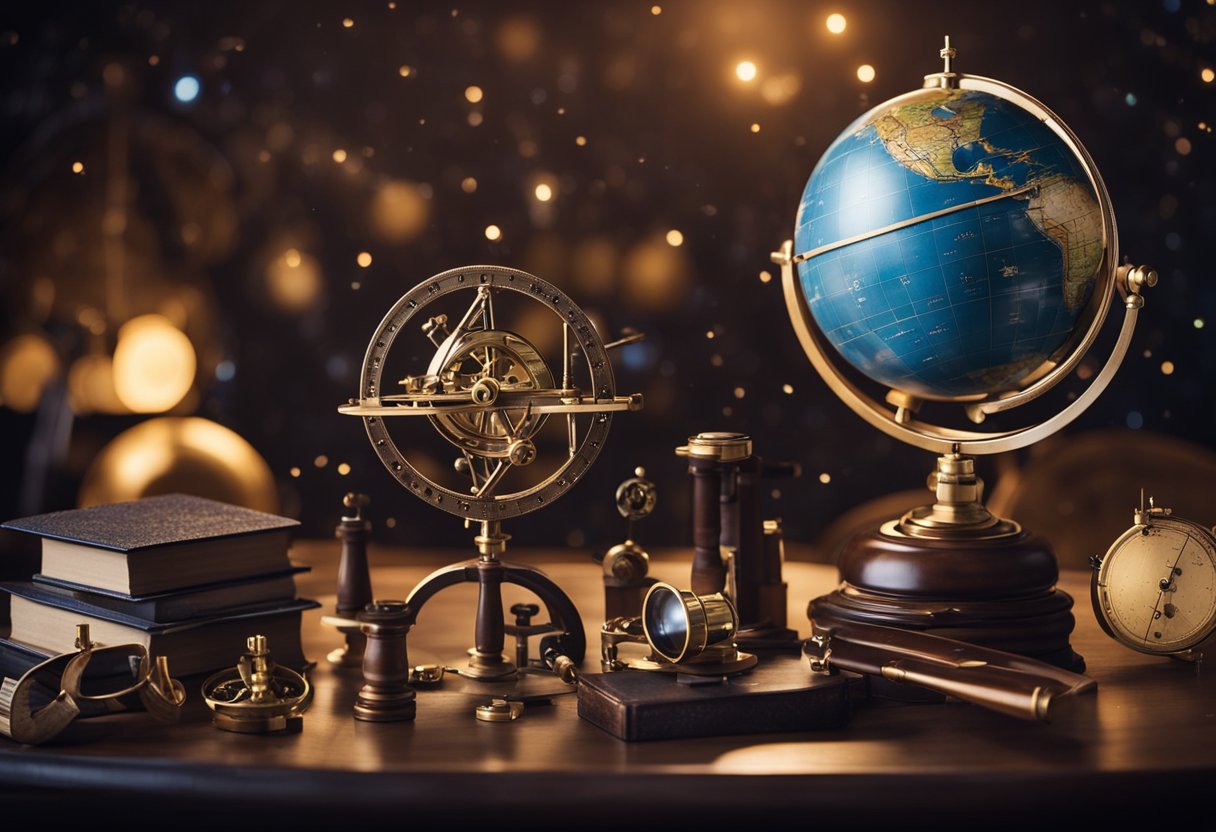 A table with a sextant, astrolabe, and celestial globe under a starry sky. A telescope points towards the horizon
