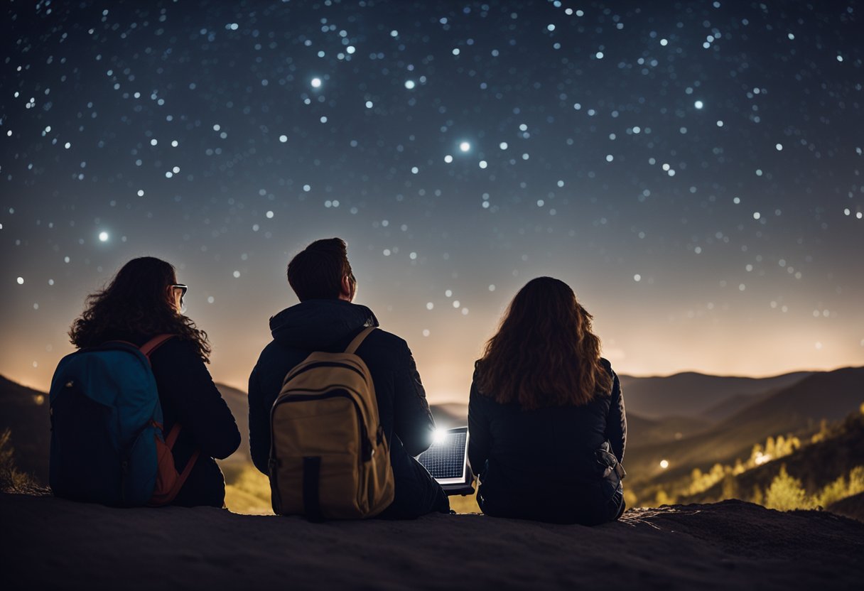Astrophysics for Tourists - Tourists studying astrophysics under a starry night sky