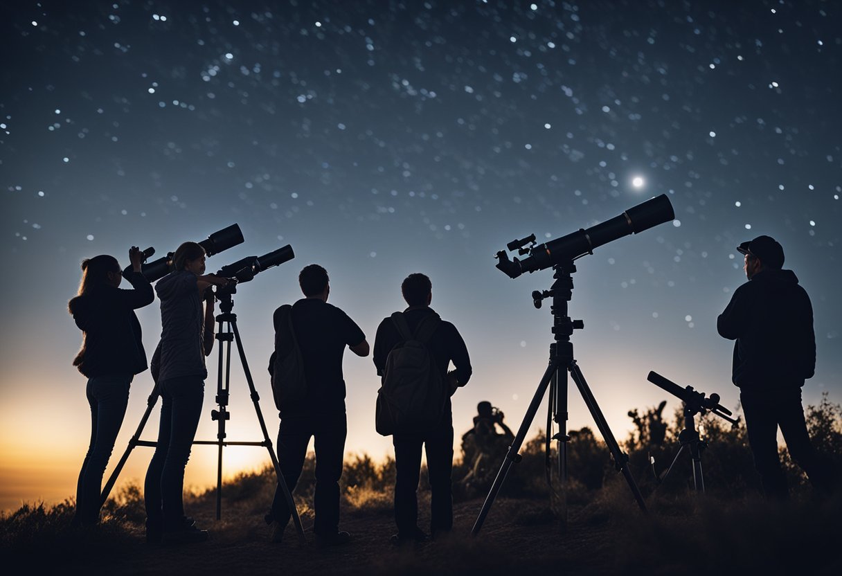Tourists observing stars through telescopes at an outdoor education event on astrophysics