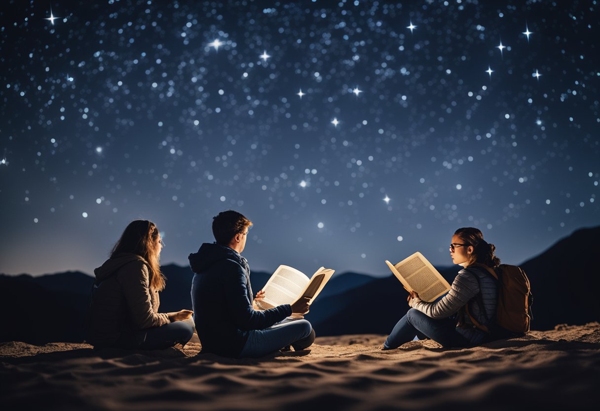 Tourists reading FAQs on astrophysics under a starry sky