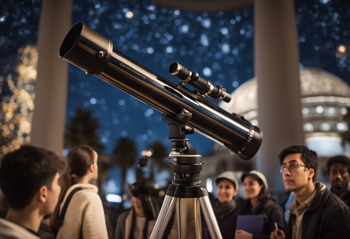 A telescope pointing at stars, with a book titled "Key Concepts in Astrophysics" and a group of tourists listening to a guide